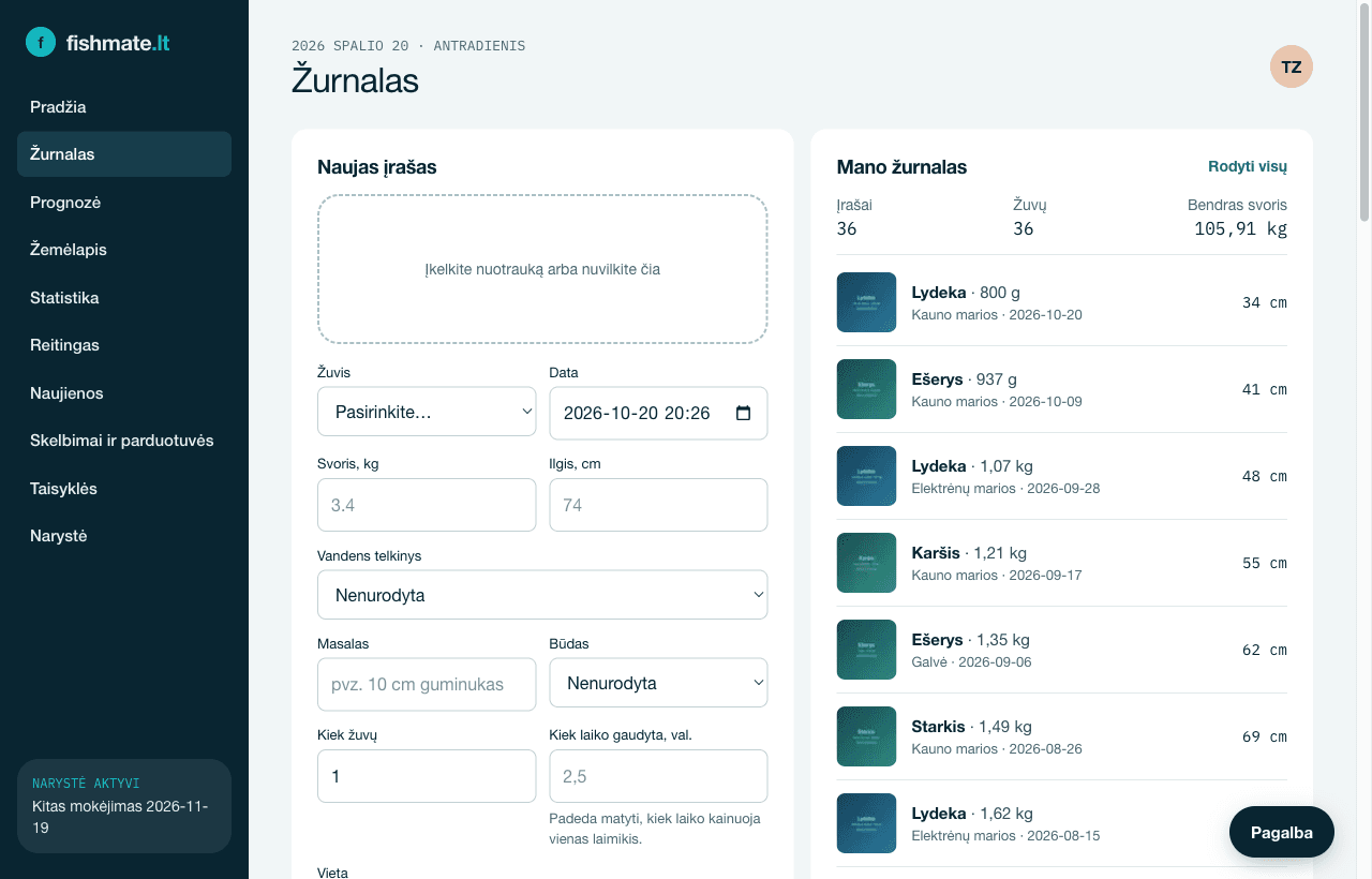 Žurnalo ekranas: naujo įrašo forma kairėje, laimikių sąrašas dešinėje.